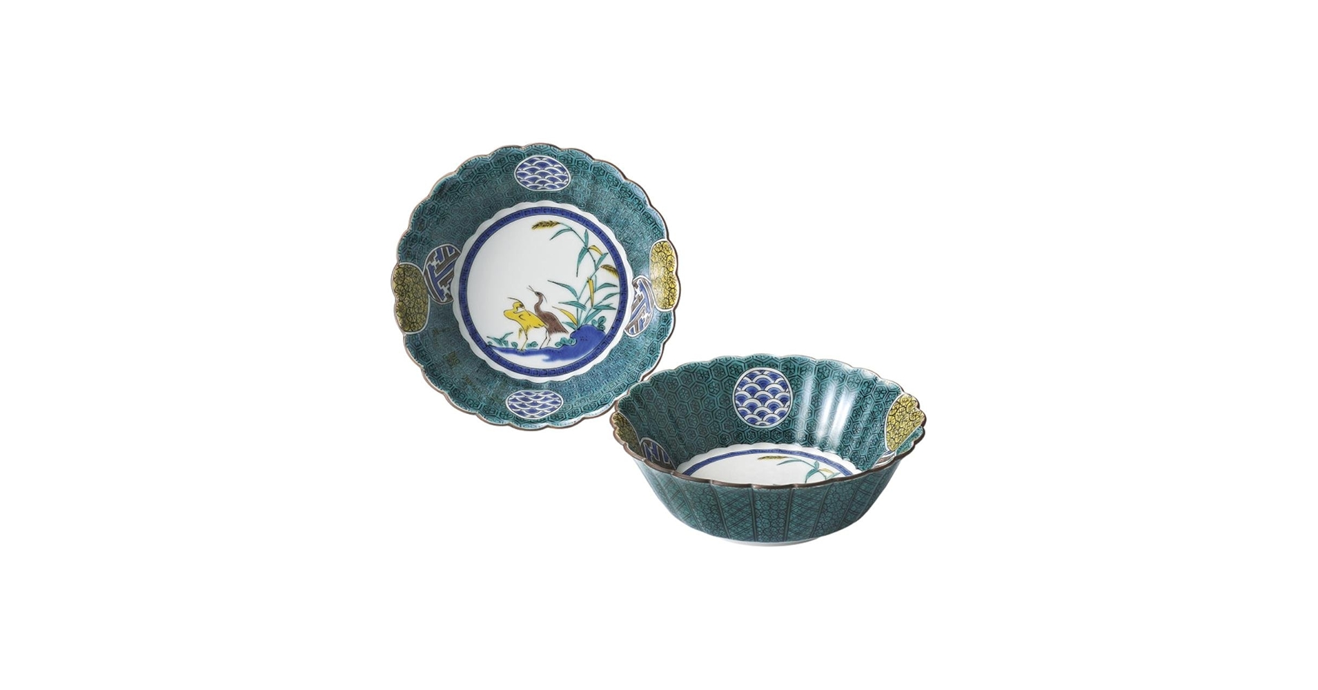 茶道具 九谷焼　古九谷 吸坂手 鷺図丸皿５枚 C 茶道具 九谷焼 古九谷 吸坂手 鷺図丸皿 CA 茶道具 九谷焼 古九谷 吸